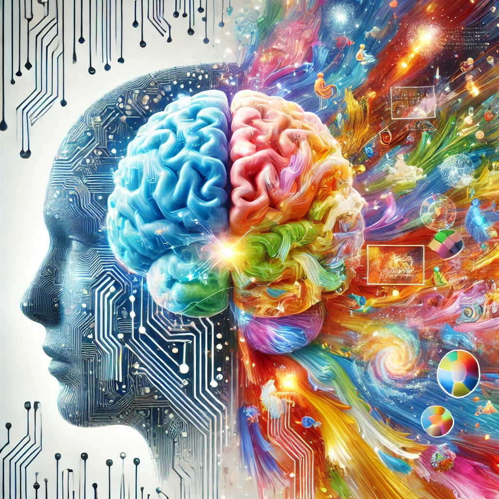 DALL·E 2025 02 26 19.47.03 A glowing human brain half composed of electronic circuitry generating colorful paint strokes that form diverse images including landscapes portra