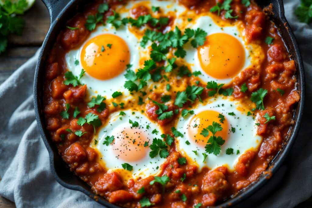 Cansado de ovo frito? 6 receitas salgadas fáceis e rápidas para variar! 2 2. Shakshuka Simplificada: Ovos no Molho Picante